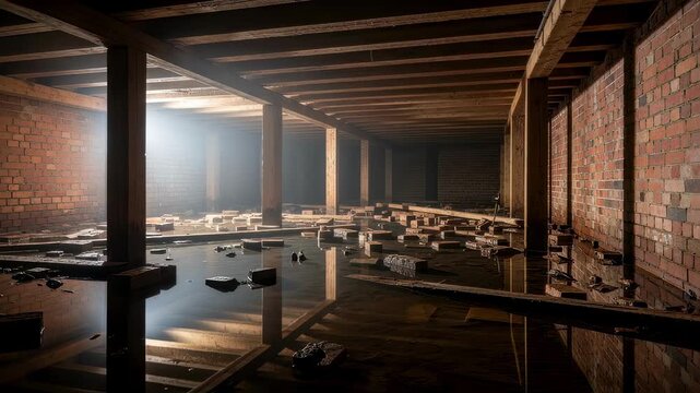 Waterlogged underground storage area featuring red brick walls and sturdy wooden joists