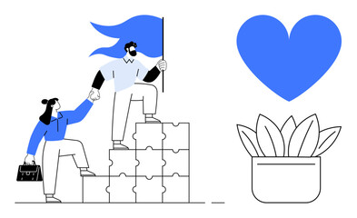 Two individuals climbing stacked puzzle pieces as a team, carrying a flag, with heart and plant to represent collaboration, growth, and care. Ideal for teamwork, leadership, success, growth support