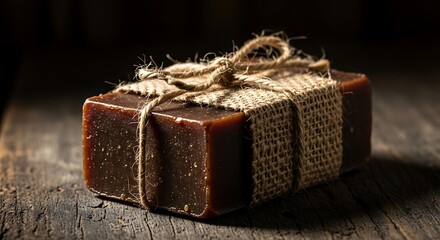 Rustic handmade soap bar wrapped in burlap and twine on a textured wooden surface