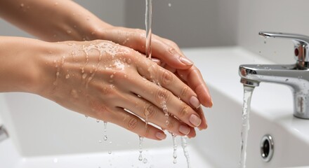 Hands washing water faucet hygiene cleanliness personal care health prevention disease control sanitation. soap antibacterial protection infection prevention routine daily habits. Hand hygiene