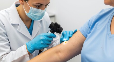 Dermatologist Examining Skin Mole Dermatoscope Medical Checkup Cancer Screening Melanoma Prevention Healthcare. Doctor Diagnostic Procedure Early Detection Treatment Skincare Consultation.