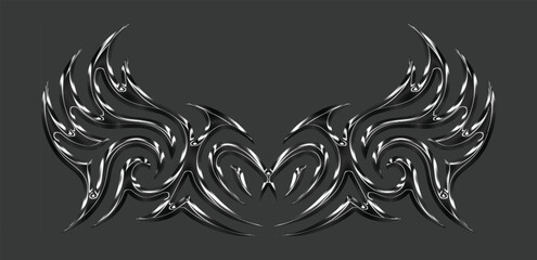 3d chrome metal of y2k tribal sigilism heart tatto. Flame shape in liquid mercury. 3d illustration of abstract neo tribal cyber sigil metallic melted modern burn form, design element. 3D Illustration