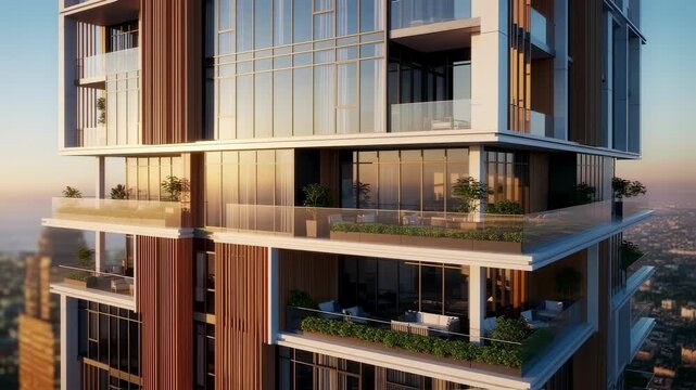 Sleek highrise with mixed materials and open terraces