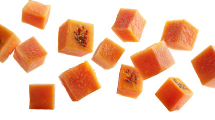 Cubes of Fresh Papaya Fruit in a Small White Bowl on Transparent Background