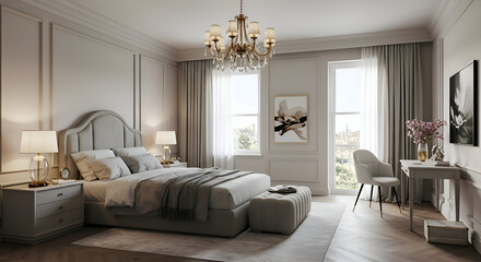 Fototapeta premium Elegant bedroom interior with neutral tones and luxurious furnishings. A homeowner's bedroom with a sophisticated design and city views.