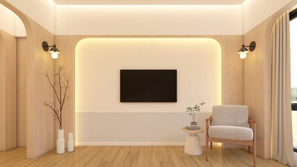 Modern minimalist style empty room decorated with wall-mounted TV and wooden curved wall, armchair. 3d rendering