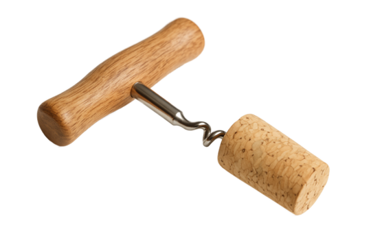 Classic wooden handle corkscrew with natural wine cork isolated on white background. Traditional bottle opener tool for wine enthusiasts, bar accessories, and kitchen essentials, perfect for beverage 