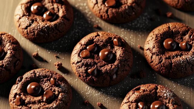 Overhead view of scattered chocolate chip cookies emphasizing rich soft texture.