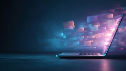 Laptop with digital file icons emerging in vibrant colors, representing data transfer and technology, showcasing modern computing and digital innovation in a dynamic environment