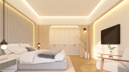 Modern minimalist style bedroom decorated with bed and side table, Upholstered wall panels and wooden curved wall, Raised wooden floor, Wall-mounted TV and armchair. 3d rendering