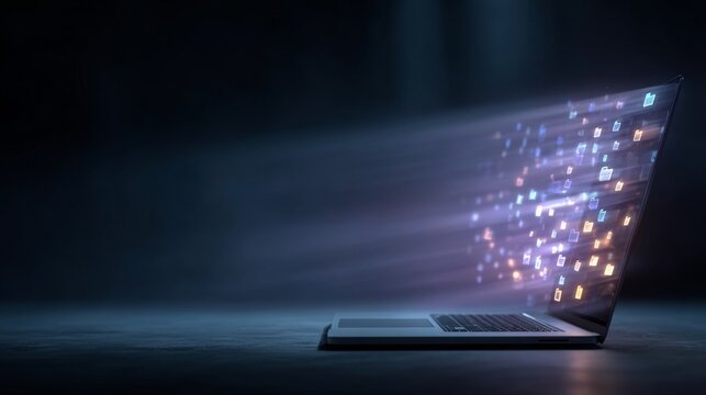 Laptop with glowing icons emerging from the screen, representing digital technology and innovation, creating a futuristic atmosphere in a dark environment