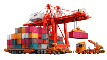 Global Logistics Hub: A dynamic representation of global trade unfolds, showcasing a massive gantry crane efficiently loading a vibrant shipping container onto a waiting truck.