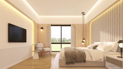 Modern minimalist style bedroom decorated with bed and side table, Upholstered wall panels and wooden curved wall, Raised wooden floor, Wall-mounted TV and armchair. 3d rendering