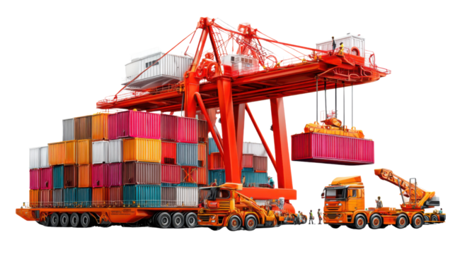 Global Logistics Hub: A dynamic representation of global trade unfolds, showcasing a massive gantry crane efficiently loading a vibrant shipping container onto a waiting truck.