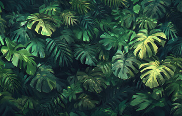 Fototapeta premium Lush green foliage featuring various tropical leaves creates vibrant and serene atmosphere, perfect for nature lovers and interior design enthusiasts