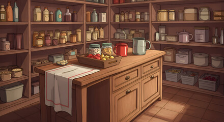 Vintage pantry stocked with various food items in wooden cabinets. A wooden counter with containers of food and a cloth napkin, in a quaint, organized, interior setting.