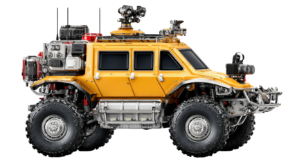 Armored Vehicle: A detailed, side view of a heavy-duty, yellow armored vehicle showcasing its robust design, advanced technology, and formidable presence.
