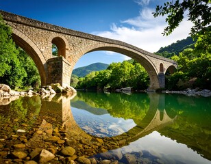 Fototapeta premium Stone arch bridge over calm river