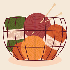 Fototapeta premium Vector illustration of basket with colorful knitting yarn and wooden needles. Various knitting yarn. 