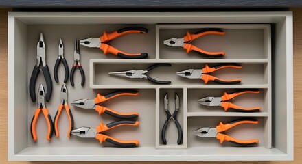 Assorted pliers in drawer. Features orange/black handles. Arranged in a compartmentalized tray. Use for construction, tools, organization, home improvement.