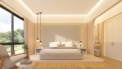 Modern minimalist style bedroom decorated with bed and side table, Upholstered wall panels and wooden curved wall, Raised wooden floor. 3d rendering