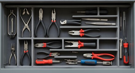 Fototapeta premium Gray matte style toolbox shows pliers, screwdrivers, and tweezers. Ideal for posters, ads, and industrial product photography.