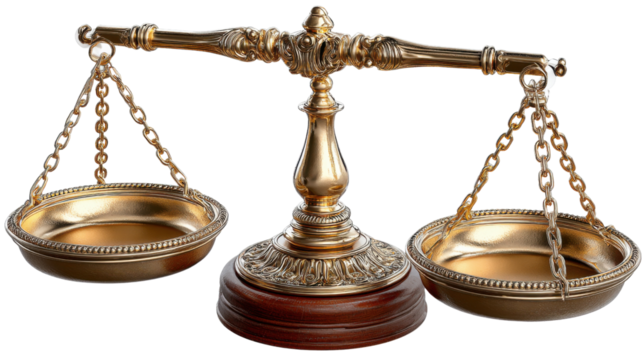 Justice Symbol: Intricate golden scales of justice symbolize fairness, balance, and legal equilibrium against a refined backdrop.