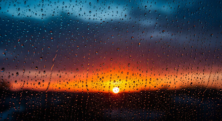 Dramatic Sunset Sky in Vibrant Hues of Orange and Red, Viewed Through a Window Covered in Numerous Raindrops, Creating a Moody and Atmospheric Scene

