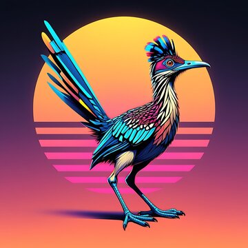 Retro 80s synthwave roadrunner bird against a sunset