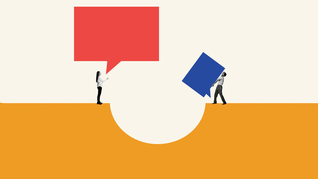 Creative collage of woman and man trying to communicate from separate sides with speech bubbles in tension. Concept of cross-team friction, leadership misunderstanding, and communication breakdown.