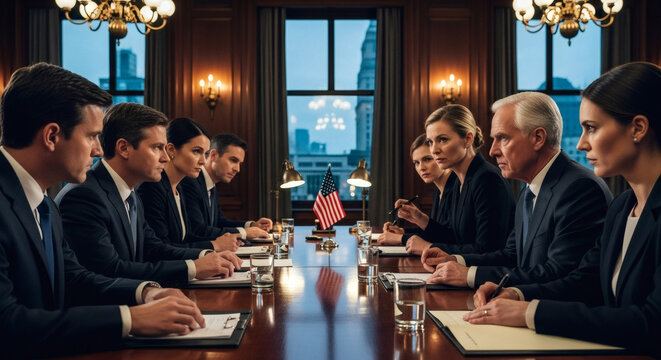 Negotiations between U.S. and European diplomats over trade tariffs, stern facial expressions