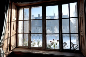 Fototapeta premium Rustic window view of frosted winter scene