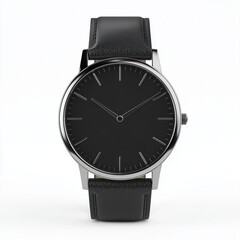 Sleek and minimalist black watch with leather strap isolated on a white background