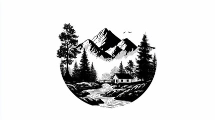 Black and white circular graphic of a serene mountain landscape.  A small house sits by a flowing river, nestled amongst towering peaks and evergreen trees.  Snowy mountaintops frame the scene