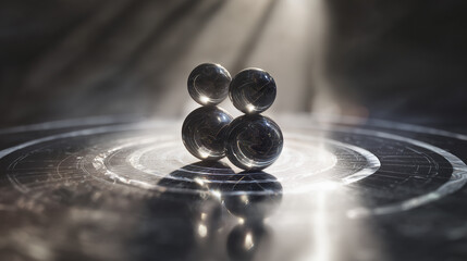 Several reflective dark spheres arranged in a pyramid structure rest on a glossy circular surface with illuminated concentric circles in a dimly lit space.