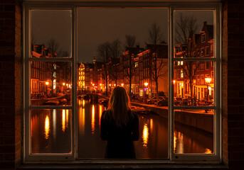 Woman looking out of window at night in amsterdam, netherlands