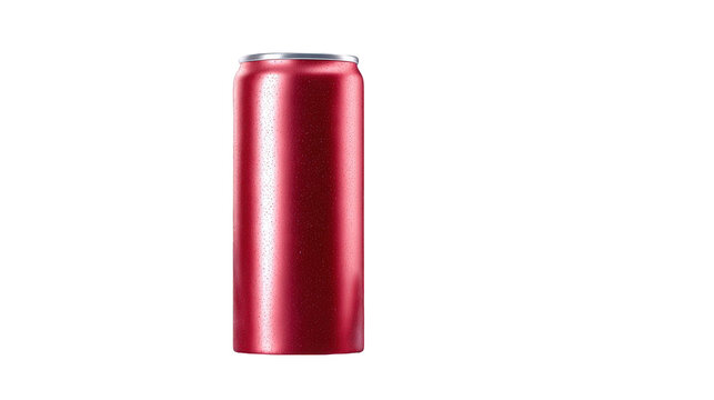 A sleek red aluminum can with water droplets, isolated on transparent background, perfect for showcasing a refreshing soda or beverage product in a clean studio shot