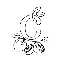 Elegant letter c with lemons and leaves line art