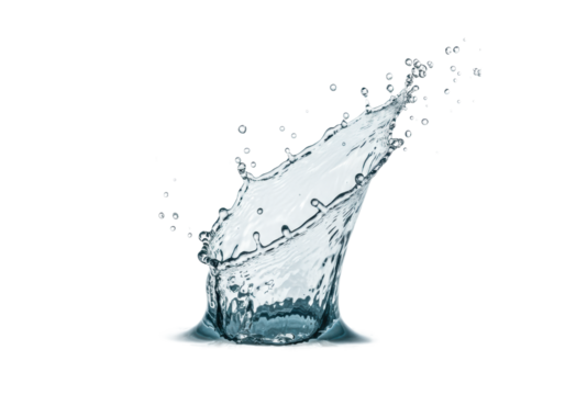 Crystal-clear water frozen mid-splash, transparent sparkling droplets, pin-sharp on a transparent background with negative copy space for commercial branding. Concept of absolute purity and