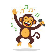 A joyful cartoon monkey character singing karaoke, jumping happily with a microphone and surrounded by musical notes.