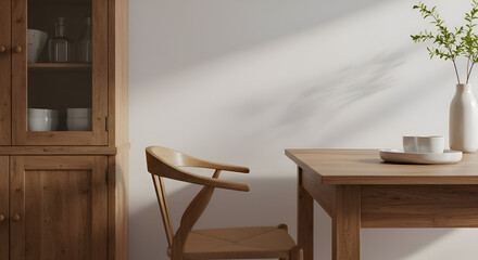Wooden dining set with a neutral color palette in a modern dining room. Empty chair and table setting against a clean white wall with natural light.
