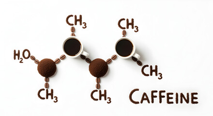 Caffeine Molecule Composed Of Coffee Beans With White Background And Top View Composition