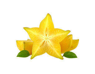 Fototapeta premium A vibrant yellow starshaped slice of carambola fruit with juicy pulp seeds and fresh green leaves.