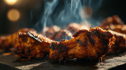 Several grilled chicken wings rest on a barbecue grill, glistening with sauce, as smoke rises and blur enhances the focus on the food.
