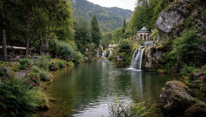 Serene lake with cascading waterfalls, lush gardens, and gazebo
