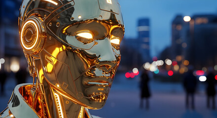 Futuristic Golden Robot Face with Brightly Glowing Eyes, Standing in an Urban Cityscape, Symbolizing Artificial Intelligence and Technology

