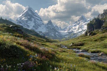 Fototapeta premium Alpine meadow valley with snow-capped peaks