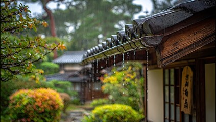 Rain dripping from a traditional Japanese roof (1)
