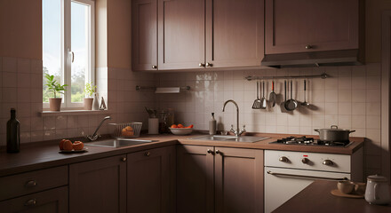 A modern, yet cozy, kitchen with light, neutral tones. A home cook displaying a warm and inviting interior with a breakfast nook view.