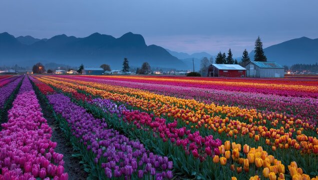 Panoramic view of a vibrant tulip field at twilight, with rows of colorful tulips stretching towards a mountain range. A small town is visible in the distance
